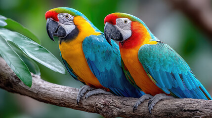 Fototapeta premium Pair of colorful macaws perched on a branch, observing their rainforest habitat, symbolizing wildlife preservation, natural beauty, and tropical biodiversity