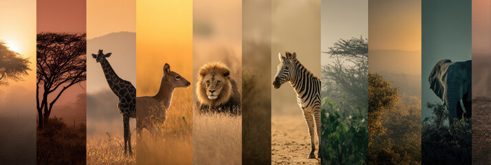 Fototapeta premium African wild animals standing in a collage of savanna landscapes during sunrise and sunset, displaying the beauty and importance of nature conservation and biodiversity