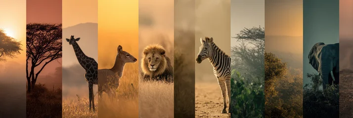 Acrylglasbilder Wildtiere African wild animals standing in a collage of savanna landscapes during sunrise and sunset, displaying the beauty and importance of nature conservation and biodiversity  © syhin_stas