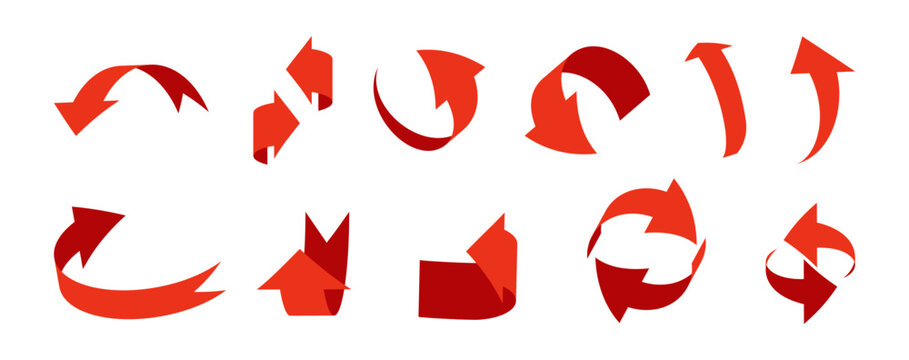 Glossy 3D arrows in different angles and rotations. Vector directions, cursors or pointers symbols. Circular movement pointing to left and right. Navigation and progress, recycling and flow symbols