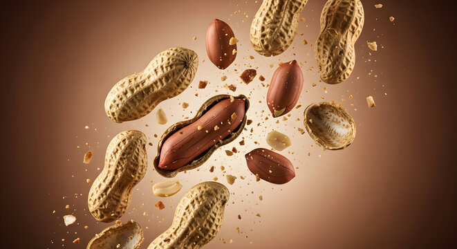 Flying peanuts in shell and out of shell with peanut pieces floating around in a brown background.