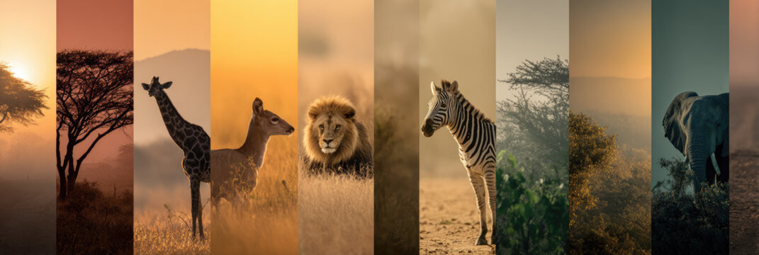 African wild animals standing in a collage of savanna landscapes during sunrise and sunset, displaying the beauty and importance of nature conservation and biodiversity
