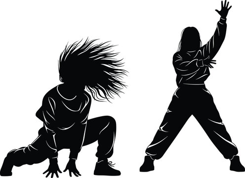 Dance Silhouette Illustration Featuring Two Dancers in Energetic Hip-Hop Poses Depicted in Black and White Representing Rhythm, Motion, and Expression