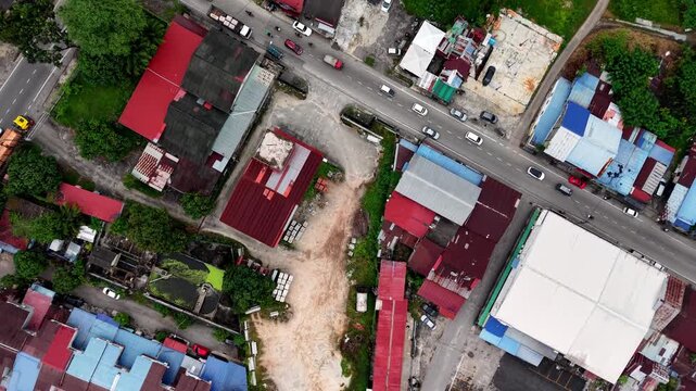 Aerial view of Kubang Semang town rooftops and streets