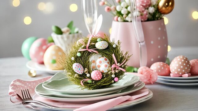 Elegant easter table setting with pastel decor and soft lighting for spring celebrations