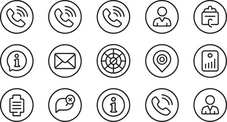 Set of sixteen communication and technology icons isolated on transparent background