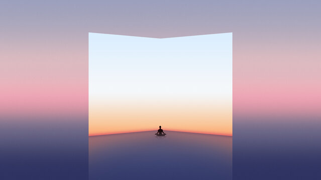 Surreal artwork. Silhouette meditating inside open gradient room. Concept of inner peace and emotional clarity, safe mental space and conscious self reflection.