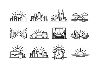 Obraz premium Urban sunrise. Line outline icon set of urban sunrise: sun behind buildings, city skyline,