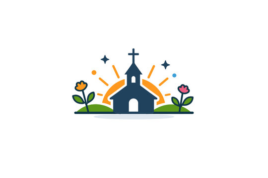 Spring church celebration hopeful morning symbol with a small church silhouette and rising sun, paired with minimal plants to communicate faith, renewal, and