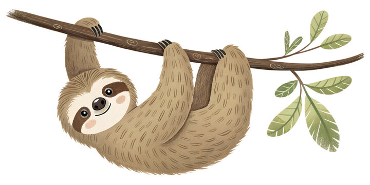 Cute Sloth Hanging on Branch Isolated PNG