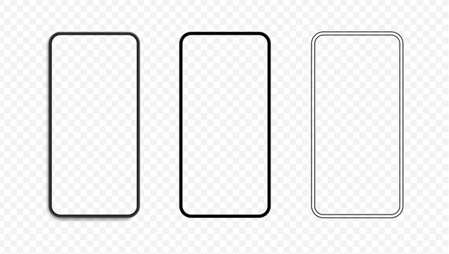 Smartphone screen mockups with modern slim bezels. Vector phone display templates collection. Glass panels and minimal frames for showcasing app interface. Digital product presentation
