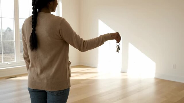 Woman holding keys to a new empty house with sunlight streaming through the windows