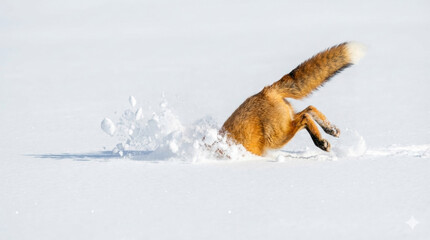 Fototapeta premium Wildlife action photography of a red fox diving headfirst into deep white snow while hunting for prey in winter season, freezing survival concept