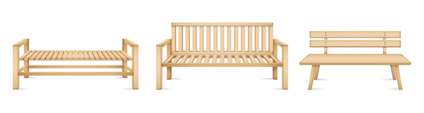 Wooden benches, isolated furniture for outdoors. Vector realistic seats for park or garden, isolated furniture made of wood and metal, construction for resting and relaxing on nature outside