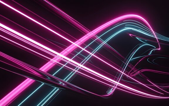 A vibrant neon light design with pink and blue lines on a dark background