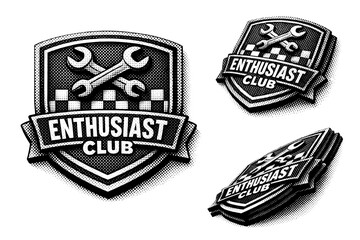 Obraz premium Enthusiast club crest logo with layered shapes shown flat, slightly curved, and edge profile view as a single object set. Black and white dot