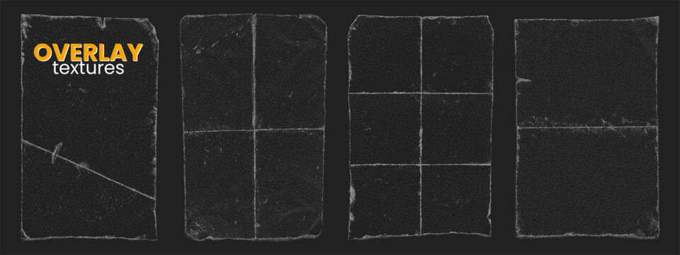 Grunge folded paper templates with vinyl paper overlay. Old blank sheets with crease marks and worn edges. Textured overlay for banners frames and layouts.
