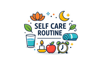 Naklejka premium Self care routine compact editorial badge with wellness symbols arranged in harmony, communicating balance, rest, and healthy daily habits. Minimalist flat