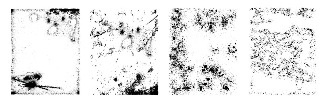 Grunge overlay texture, isolated set of frames or filter effects for photos. Vector collection of borders with scratches or dirt, grungy old look. Stain and dots with sands, halftone decoration