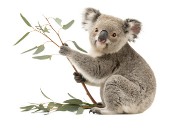 Baby Koala Holding Branch Isolated PNG Transparent Background