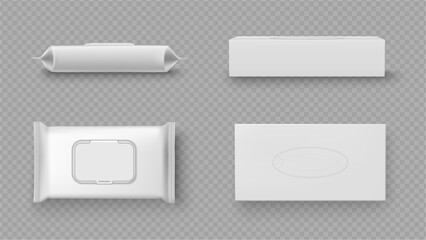 Disposable paper napkins, isolated set of wet wipes boxes or packages. Vector realistic style, mockup collection for copy space. Sanitary and hygienic products for self care, makeup removal