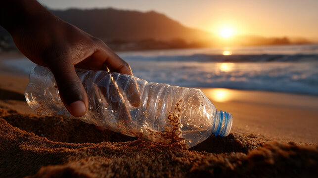 a sandy beach at sunset, camera positioned almost at sand height focusing on a partially crushed transparent plastic bottle lying on textured wet sand in the foreground, bottle sli