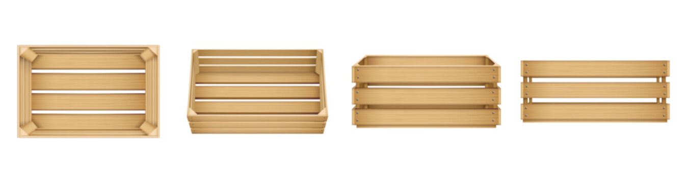 Realistic wooden crates and boxes, top and side views. Vector pine or oak cases for carrying and keeping fruits or vegetables. Farm style storage. Visualization of natural wood containers