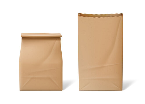 Ecologically friendly bags, front view. Vector isolated carton paper packages for products or food to takeaway. Packaging without text or logo. Eco alternative for plastic wrapping