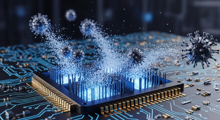 Fototapeta premium Digital virus attacking a microchip and spreading data corruption on a computer circuit board