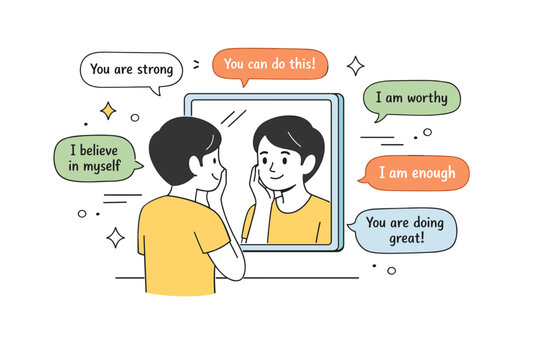 Positive self-talk. A person looking into a mirror with kind words written in small speech bubbles. The scene shows encouragement, emotional