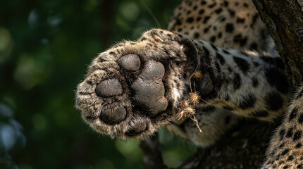 Obraz premium Macro close up of a wild leopard's textured paw pad resting on a tree branch, big cat anatomy and predatory feline stealth concept