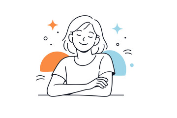 Obraz premium Expressing happiness. A person smiling gently with relaxed posture, conveying joy and positive mood without exaggeration. Small stars and