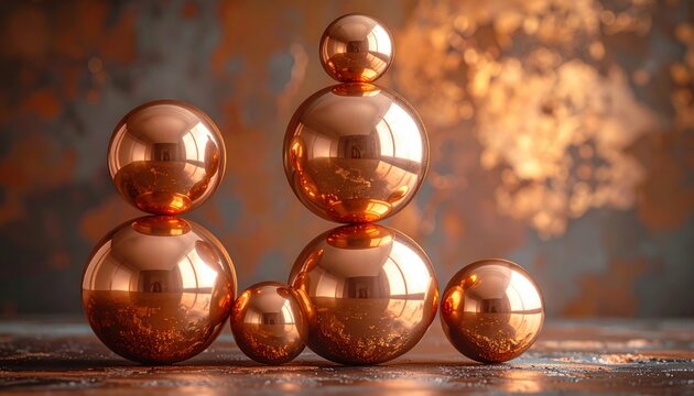 FlyPro Firefly Polished Copper Spheres Stacked Precariously in Warm Ambient Realistic Photography