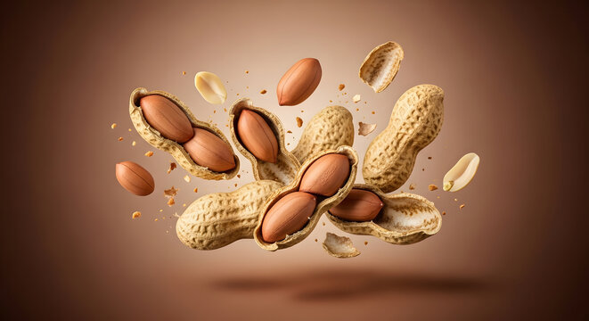 Peanuts bursting out from a peanut shell in a 3D rendered image with a brown background.