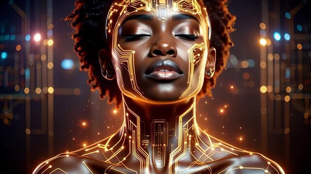 Futuristic Black Woman with Golden Circuitry on Face and Neck, Futuristic City Lights Background