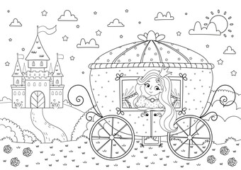 Fototapeta premium Black and white vector coloring page with cute princess girl in a carriage near a castle. Fairy tale outline illustration for kids activity book, printable worksheet and nursery design.