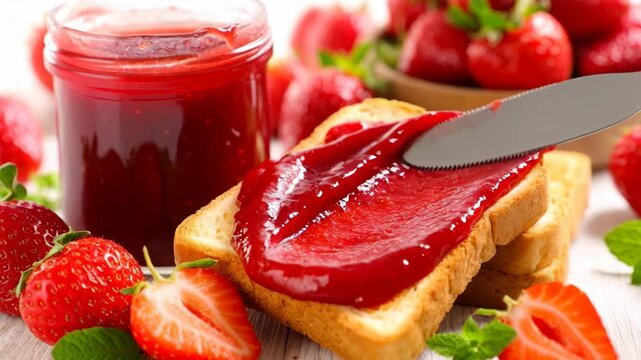 Spreading thick strawberry jam on toasted bread with fresh berries nearby