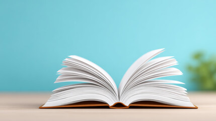 Open book on wooden table against blue background