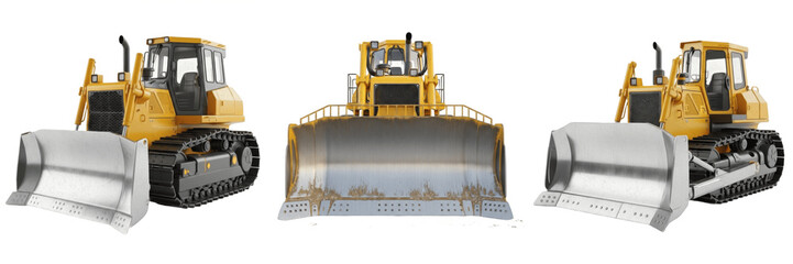 Title: Three Industrial Yellow Bulldozers Shown from Front and Side Perspectives Isolated on Clear White Background © jamilkhan