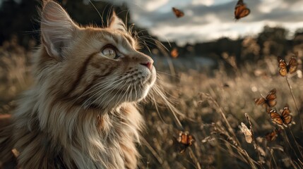 A photo of a yellow long-haired cat catching butterflies with a prairie in the background