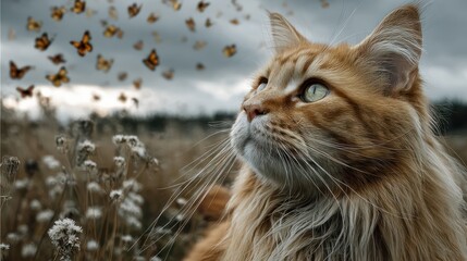 A photo of a yellow long-haired cat catching butterflies with a prairie in the background