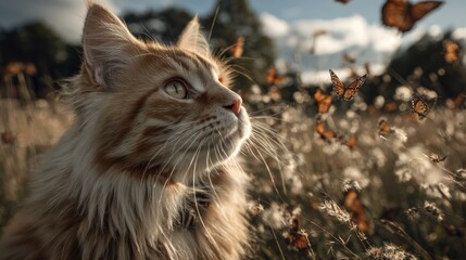 A photo of a yellow long-haired cat catching butterflies with a prairie in the background