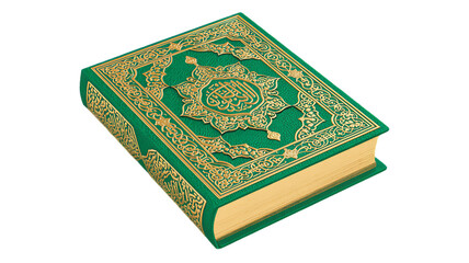 Fototapeta premium Islamic holy Quran book with intricate green and gold arabesque patterns on hardcover in elegant traditional design