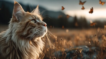 A photo of a yellow long-haired cat catching butterflies with a prairie in the background