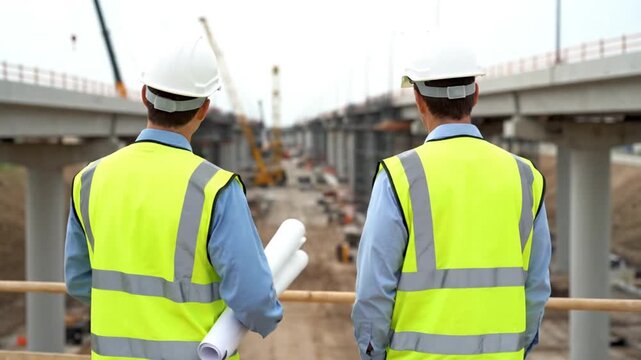 Cinematic construction documentary scene rear view of two engineers overseeing toll road overpass project wearing white hard hats reflective safety vests one gripping rolled plans other gesturing asse