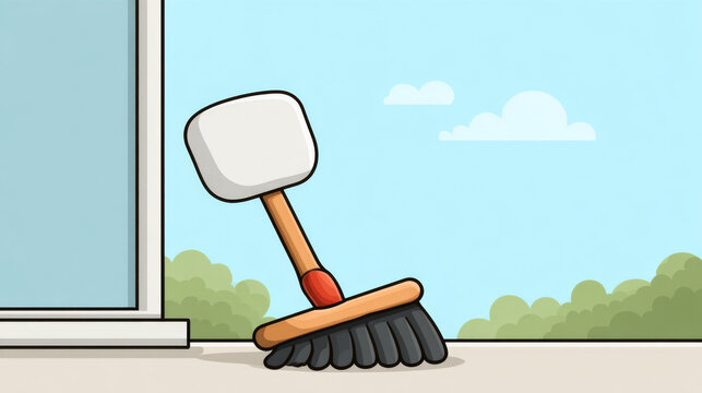 Cartoon hammer balancing on outdoor broom near window with blue sky