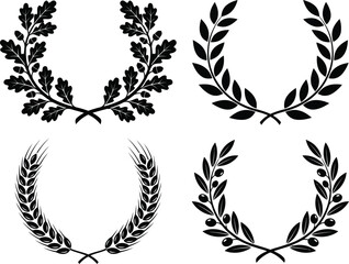Set of Black Vector Wreaths and Laurels Including Oak, Wheat, Olive Branch, and Classic Bay Leaves for Awards and Heraldry © nida