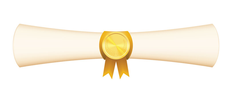 A paper scroll with a graduate diploma about graduation of university, college, school, education certificate, graduation degree. Diploma decorated with a wax seal and a red ribbon