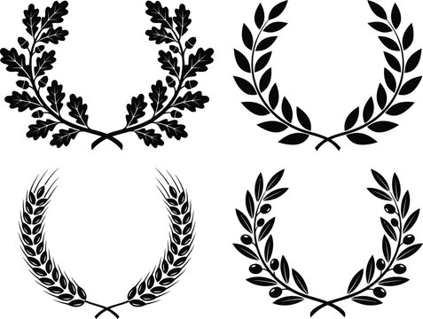 Set of Black Vector Wreaths and Laurels Including Oak, Wheat, Olive Branch, and Classic Bay Leaves for Awards and Heraldry