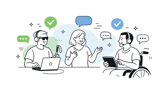 Diverse team collaborating with assistive technology and communication tools